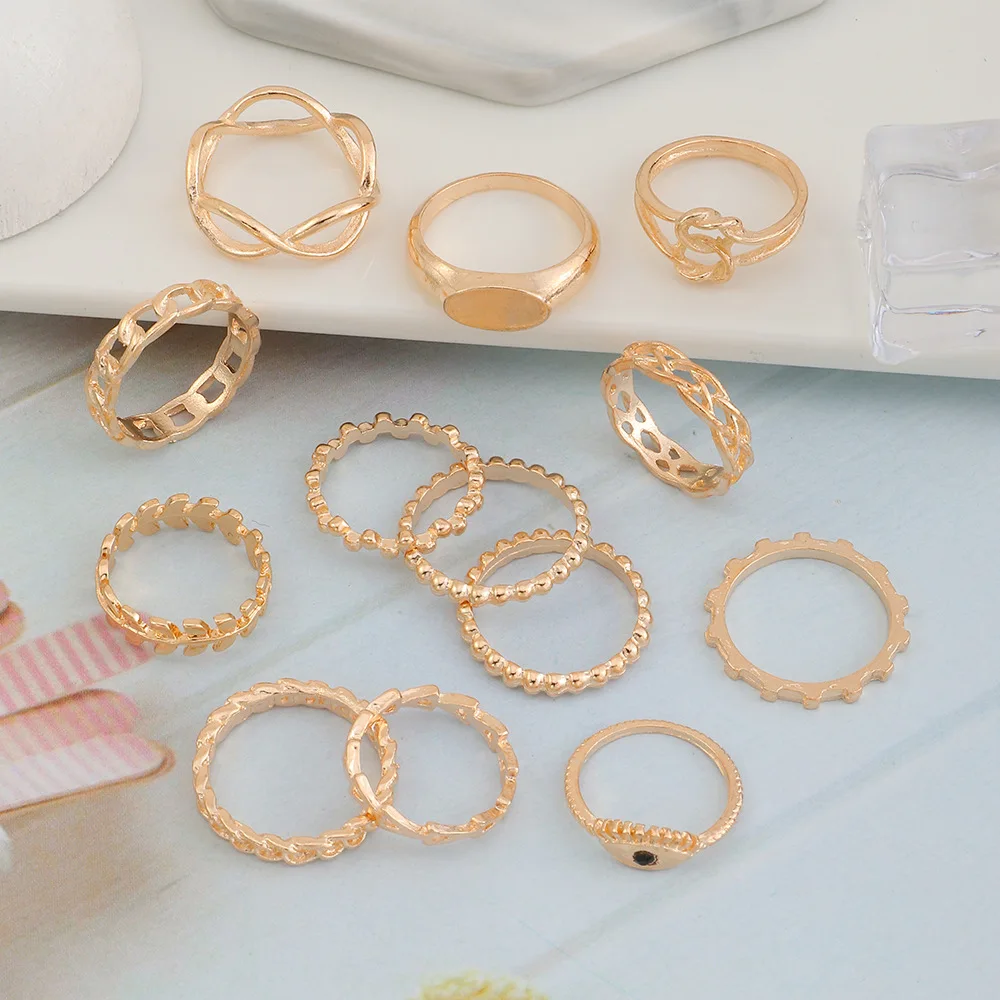 

13pcs/set Bohemian Crystal Cross Hollow Chain Knuckle Joint Rings Set Female Retro Evil Eye Finger Rings Set Female Jewelry Gift