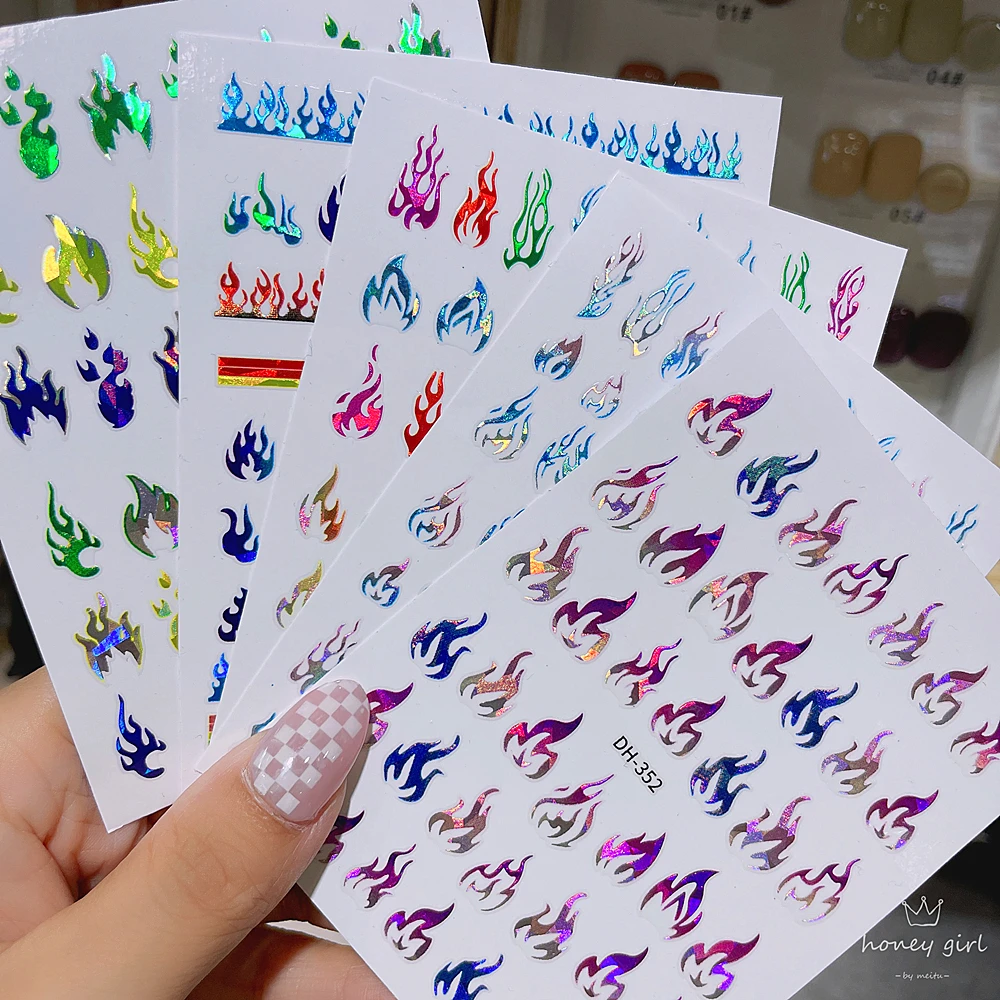 3D flame sticker for nail art decoration gold silver red blue green women nail tips ins style laser nail art foil DM007