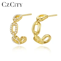 czcity golden chain hollow cz hoop earrings for women fine jewelry 925 sterling silver cuff huggies boucle doreille femme gifts