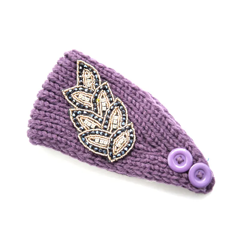 Женская зимняя однотонная вязаная повязка на голову со стразами теплый