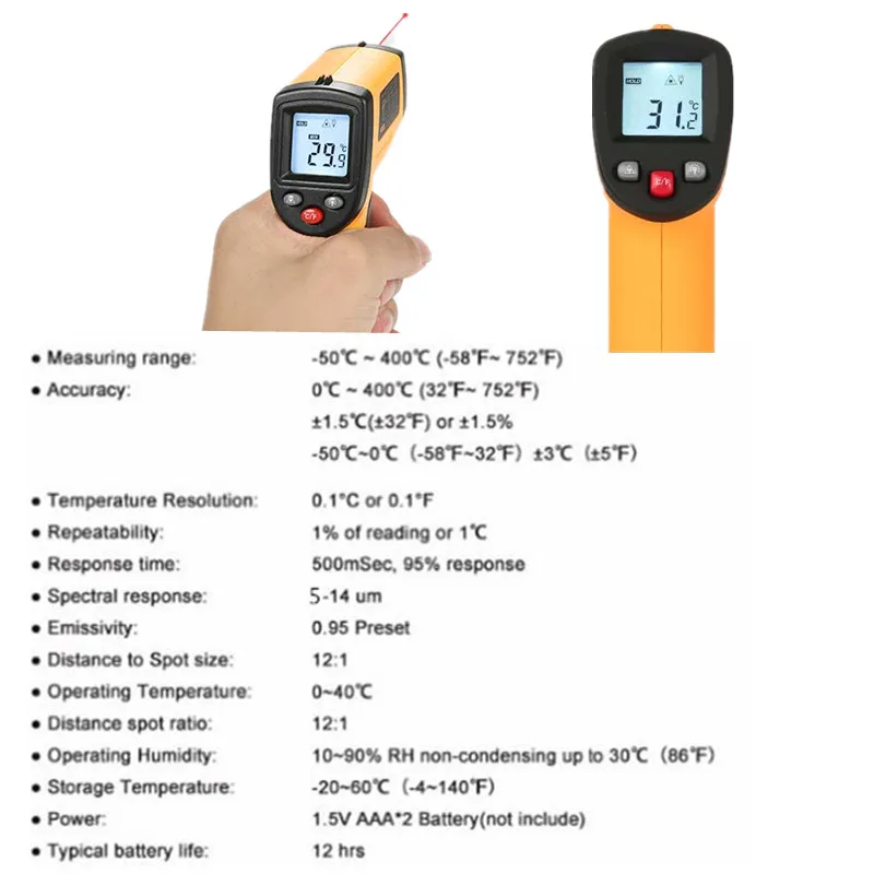 GM320 инфракрасный термометр-50-400 ℃ Бесконтактный лазерный цифровой ЖК-дисплей мгновенное считывание измеритель температуры тестер 40% скидка