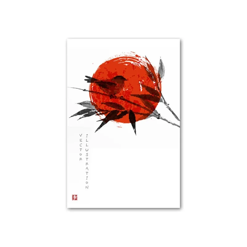 Картина с красными ветками дерева листьями птицами холст Постер и печать