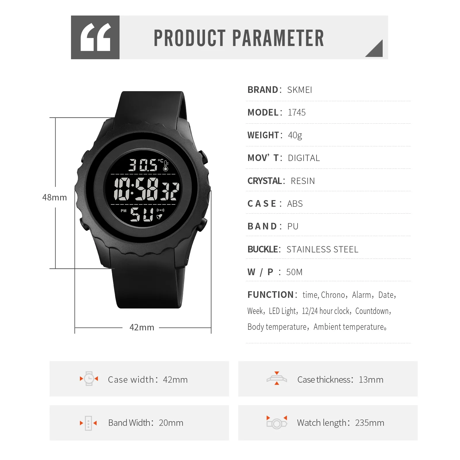 

SKMEI Brand Digital Wristwatches Fashion Sport Original Temperature Measurement 50m Waterproof Men's Watch Relojes Para Hombre