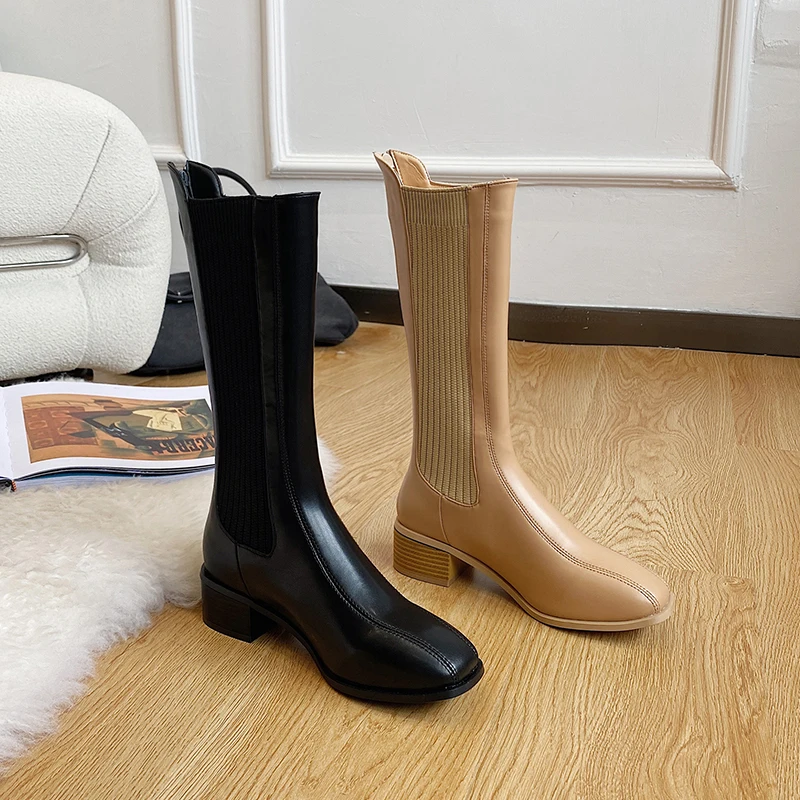Chelsea Boots Female Women Shoes Plush Winter Boots Women Fashion Square Heel Woman Shoe Mid-Calf High Boots Ladies Luxury Boots