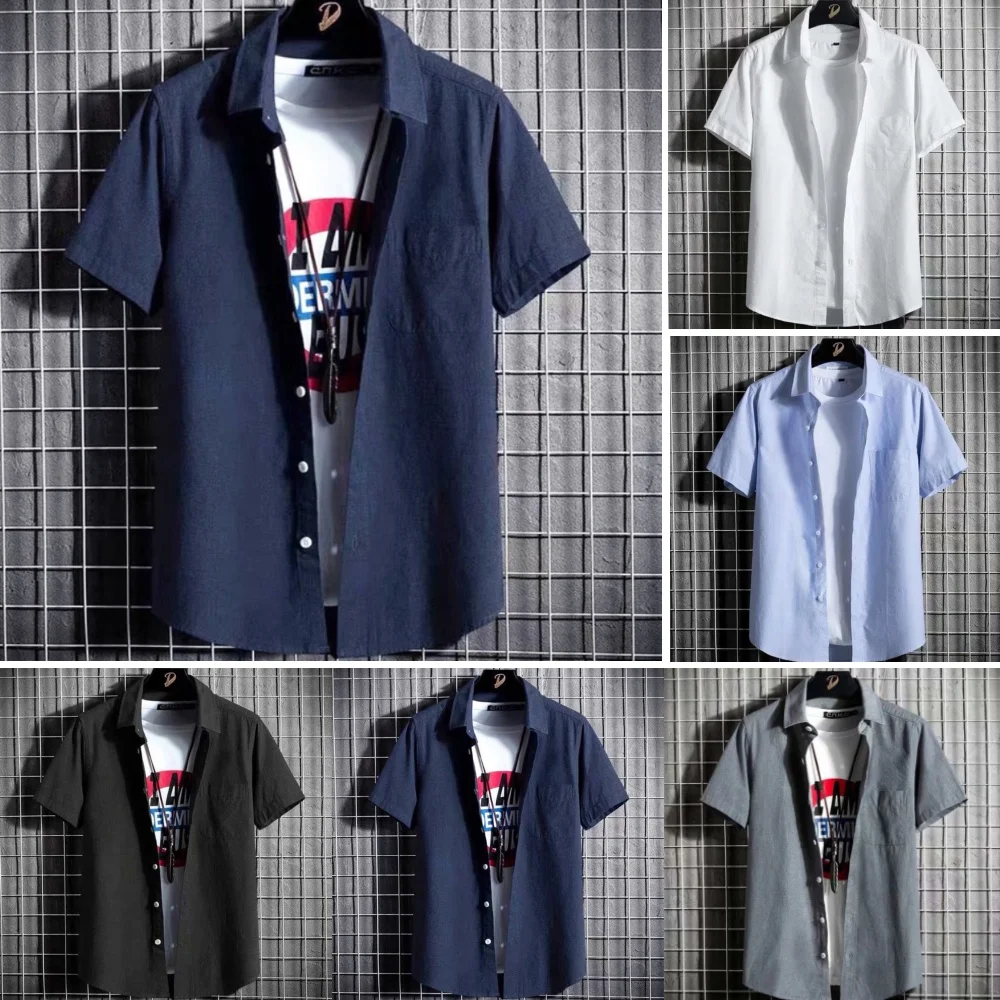 

Men Slim Fit Short Sleeve Casual Summer Shirt Plain Coloured Lapel Buttons Breathable Stylish