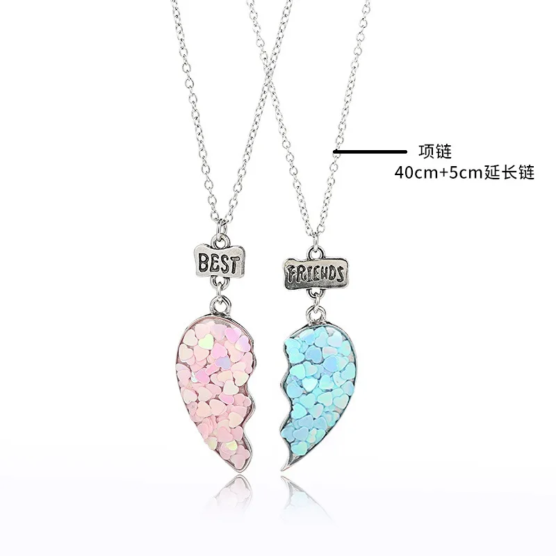 

Kids Pink Blue Sequin Stitching Heart Broken Best Friends Necklace Choker Pendant Chain BFF Friendship Jewelry Birthday Gifts