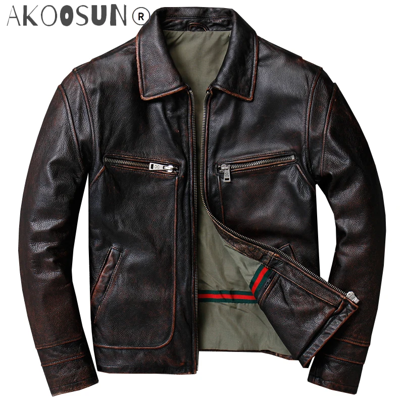 

Мужская винтажная куртка из натуральной воловьей кожи, коричневые деловые приталенные кожаные куртки, пальто для мужчин, 2019
