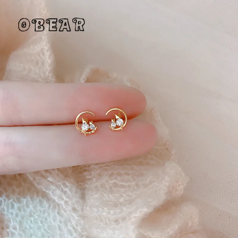 

OBEAR Moon Cat Zircon Stud Earrings Women Korean Temperament Anniversary Banquet Gift Jewelry