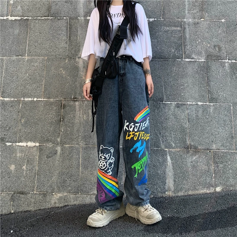 

2021 Cowboy Female Loose Streetwear Graffiti Print Pants New Spring Autumn Casual Jeans Woman Long Trousers KZ597