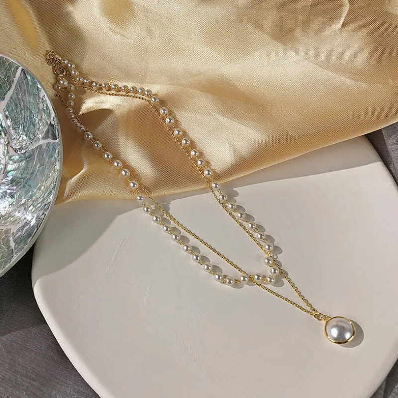 

Creative Pearl Double Layer Alloy Clavicle Chain Necklace Women Jewelry 2021