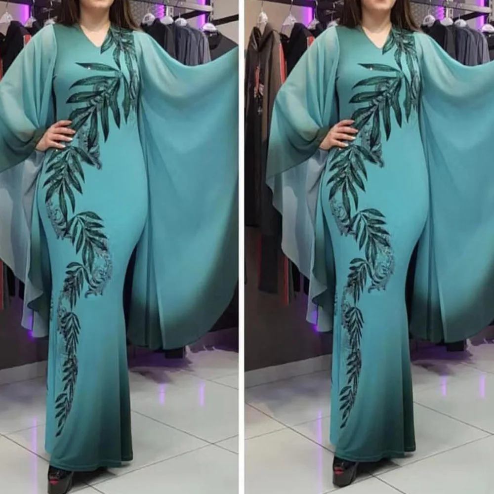 Модное свободное женское платье в африканском стиле Большие размеры Синее с