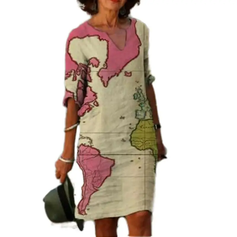 

Woman Dress Fashion Clothes 2021 Printed Casual Half Sleeve Loose Fit V-Neck T-Shirt Dress Summer Vestido