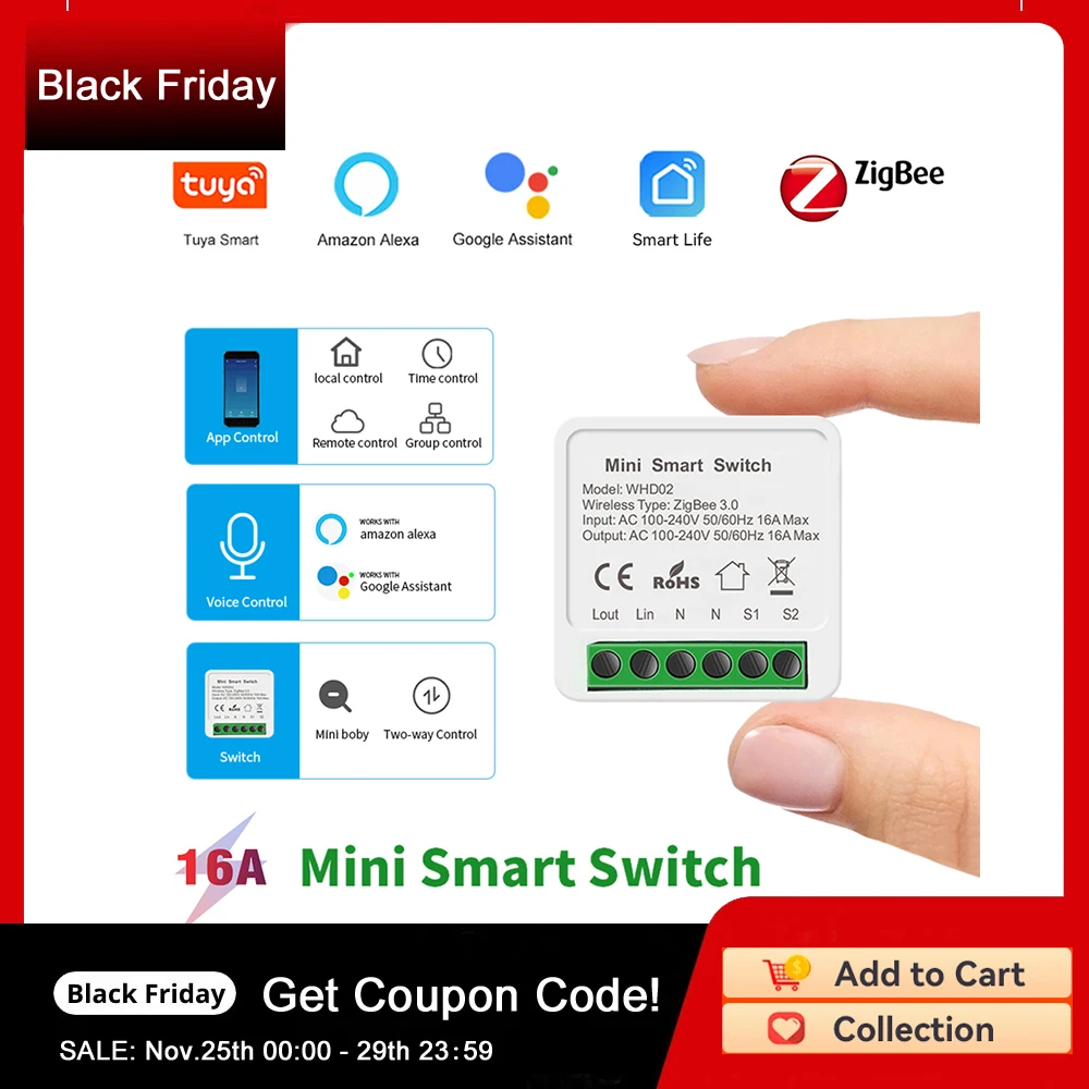 

16A Mini Tuya Zigbee 3.0 Smart Life Switch 2-way Remote Voice Control Smart Home Switch Module Timer With Alexa Google Home