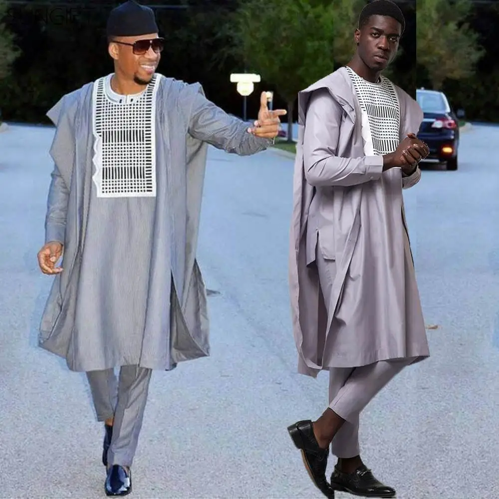 SUNGIFT Мужская африканская Обычная круглая горловина Agbada Топ dashiki серые рубашки