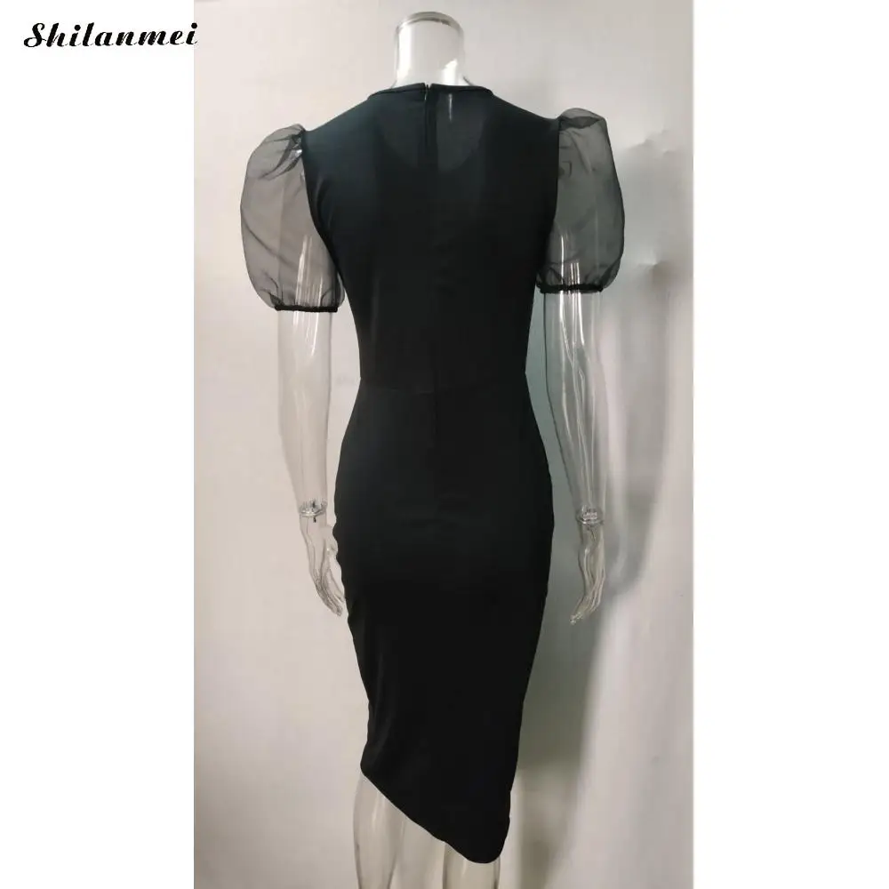 

2020 New Puff Sleeve Slim Dress Office Lady Elegant Black Dress Women Front Slit Sexy Mid-Long Bodycon Dress Club Party Vestidos