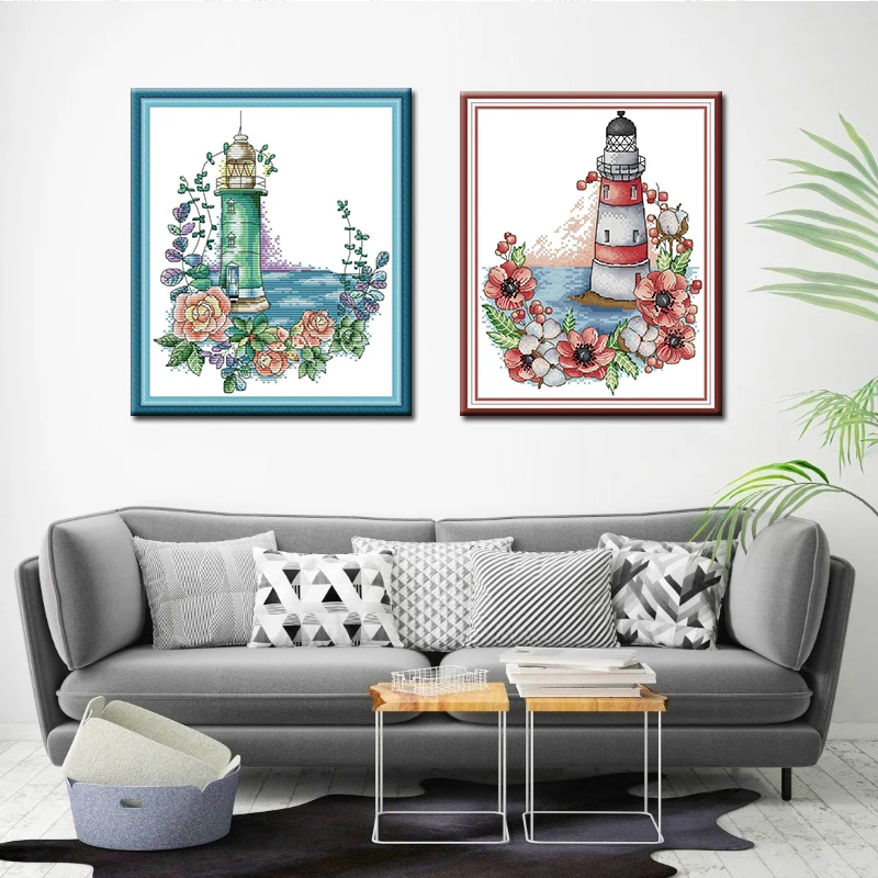 

Joy Sunday Lighthouse Scenery Pattern Printed Cross Stitch Kit 11CT14CT Counted Canvas Embroidery Handmade Needlework Gifts Sets