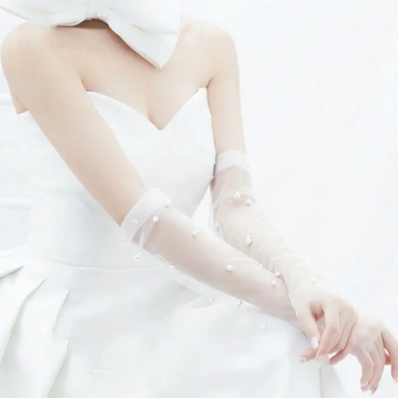 

Simple Wedding Dress Gloves Bride Long Glove Photography Props Thin Section Mesh Artificial Pearl Mittens