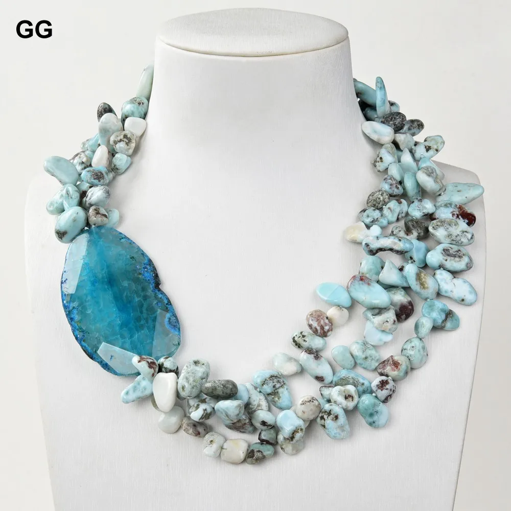 GuaiGuai Jewelry 3 Strands Blue Slice Agates Real Gems stone Blue Larimar Chips Necklace For Women