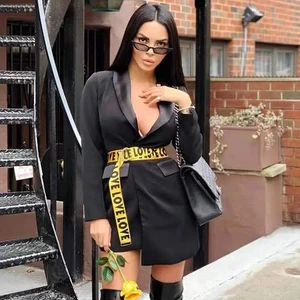 Женский облегающий Блейзер, черный пиджак с длинным рукавом и глубоким V-образным вырезом, с одной пряжкой на поясе, для вечеринок, на зиму, 2021