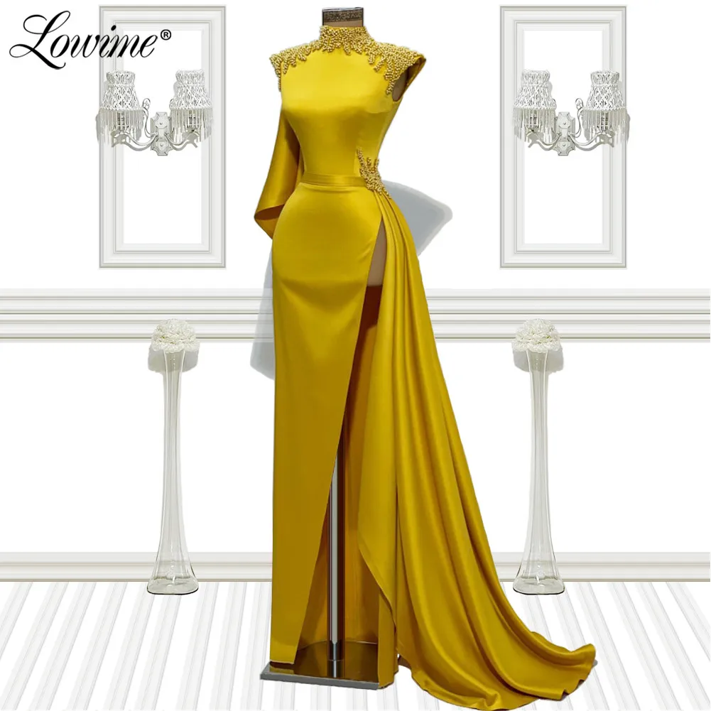 

Luxury Beading Evening Dresses Yellow Formal Party Gowns Robes Dubai Design Plus Size Customized Middle East Women Evening Wear
