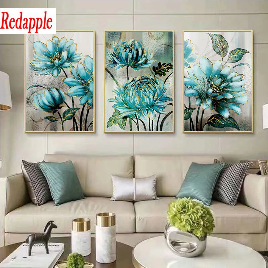 Набор для алмазной вышивки Голубые цветы мозаика из золотистого кружева