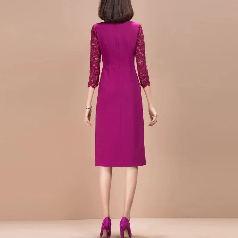 

Clothing Spring Women Rose Red Lace Patchwork Dress Hollow Out Sleeves Elegant Ladies Wear