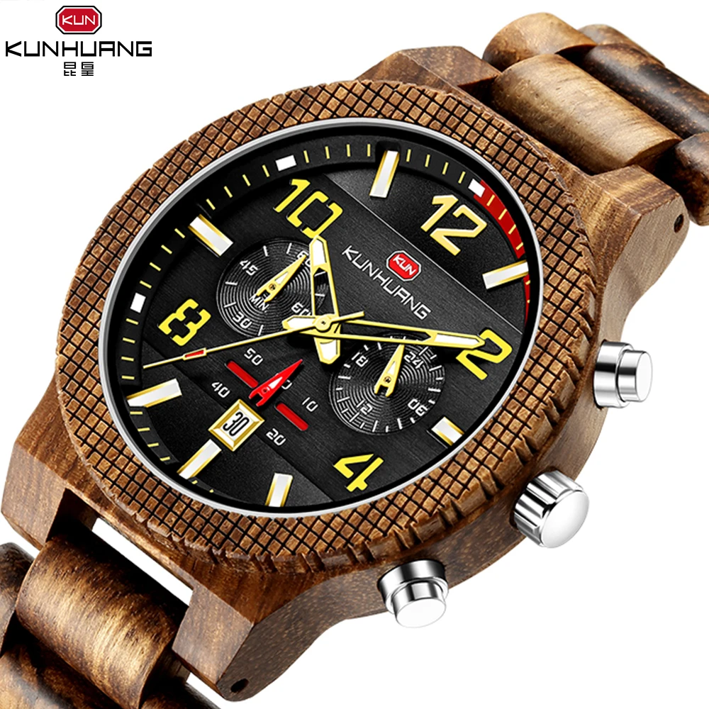 Мужские деревянные часы Военный Спортивный Хронограф светящийся показ даты