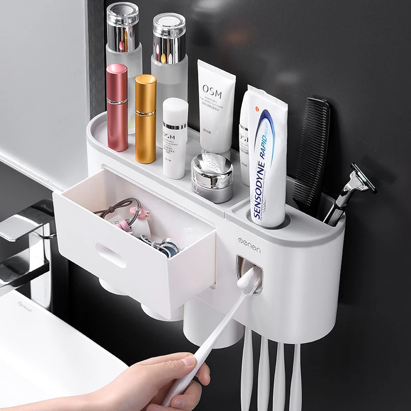 

Real 3 Color Toothbrush Holder Automatic Toothpaste Squeezer Dispenser Wall Mount Storage Rack For Accessories Home Bathroom