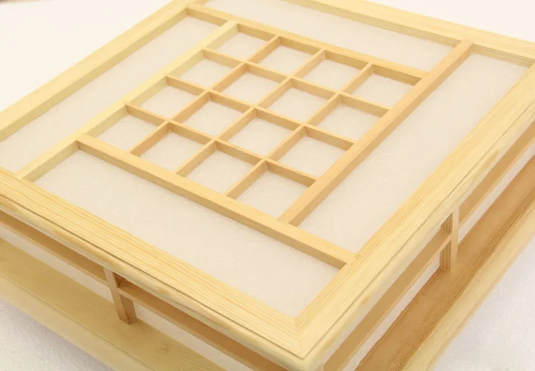 

Japanese Style Tatami Wood Ceiling and Pinus Sylvestris Ultrathin LED Lamp Natural Color Square Grid Paper Ceiling Lamp Fixture