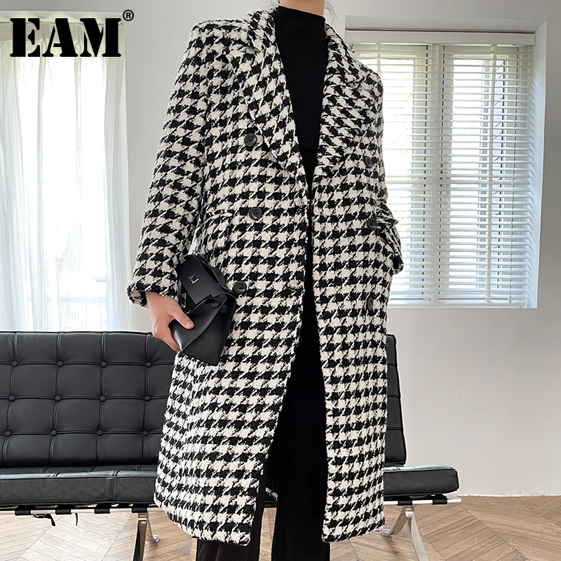 

[EAM] Loose Fit Black Plaid Big Size Long Woolen Coat Parkas New Long Sleeve Women Fashion Tide Autumn Winter 2021 1DE3598