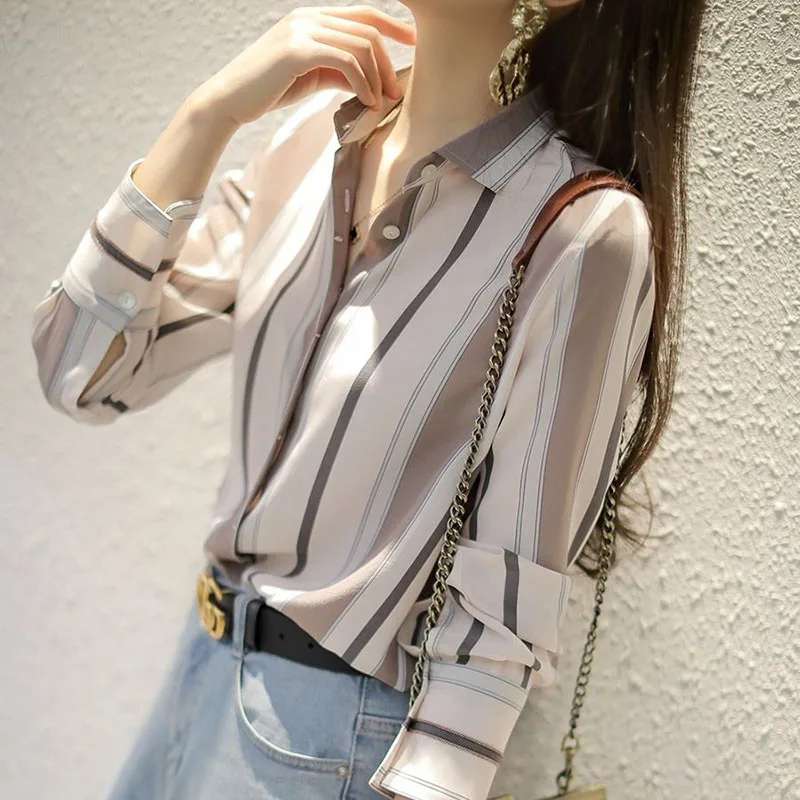 Women Chiffon Blouses 2021 Spring Autumn Style Lady Office Work Wear Shirts Striped Printed  Stand Collar Blusas Tops