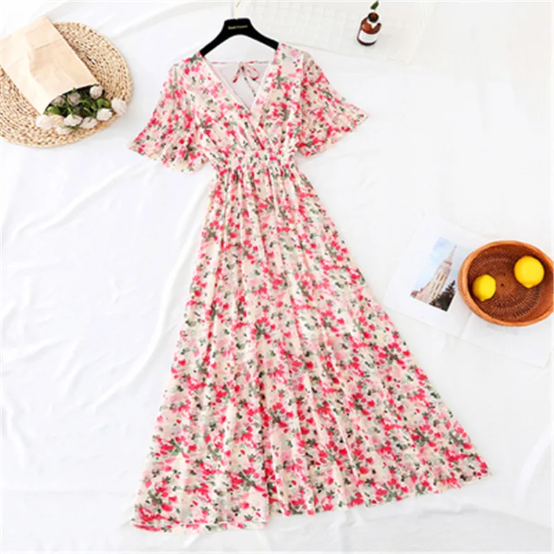 

Women Ruffle sleeve Ruffles V-neck Chiffon summer Dress 2020 Short sleeve Floral print long dress Slim High Waist Vestidos 196