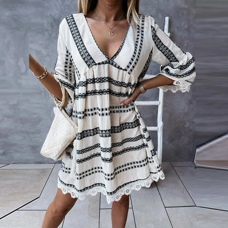 

Summer Casual Loose Flare Sleeve Beach Dresses Women 2021 Elegant V-Neck Mini Dress Ladies Fashion Patchwork Lace Dress
