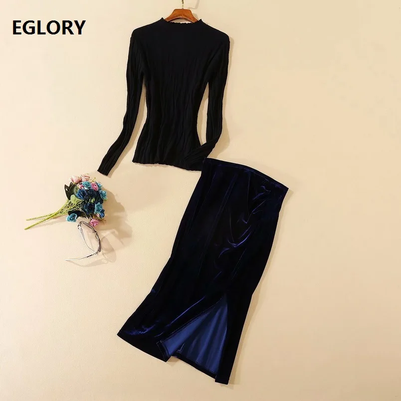 Женский костюм с юбкой карандаш черный свитер длинным рукавом и юбка миди