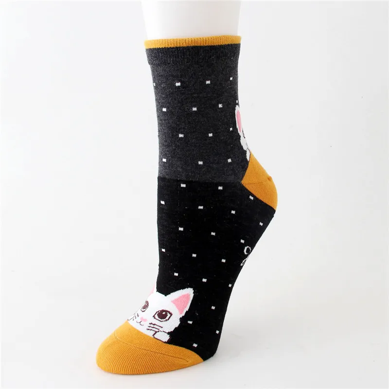 Autumn Winter Women's Cotton Cartoon Socks 5Pairs/Set Colorful Cute Cat Striped Female Ladies Kawaii Animal Tube Socks