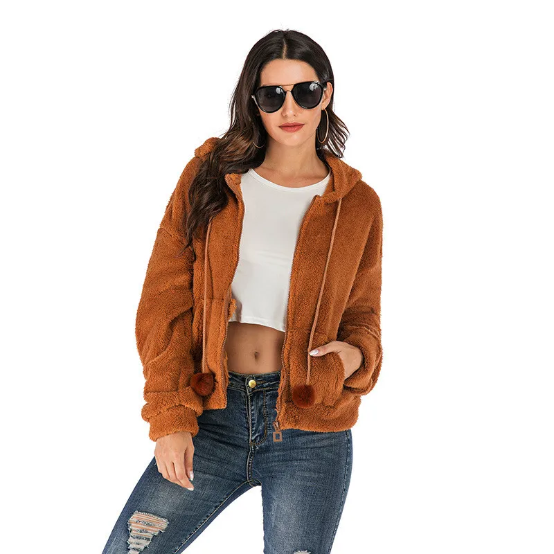 

Winter Casual Fleece Coat Women's Solid Color Loose Hooded Coat