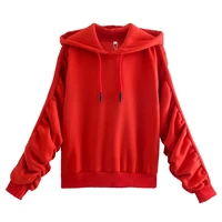 women fashion with drawstring loose pleated hoodie sweatshirts vintage hooded long sleeve female pullovers chic tops