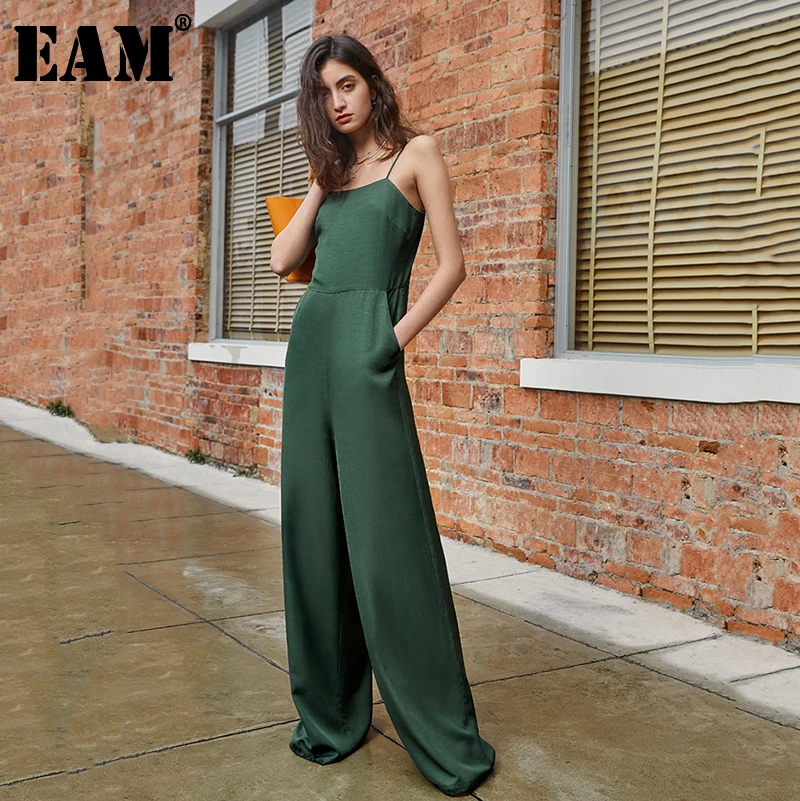 

[EAM] свободный женский зеленый комбинезон без бретелек с вырезом лодочкой и длинными широкими штанинами, новый модный весенне-летний 2022 с ка...