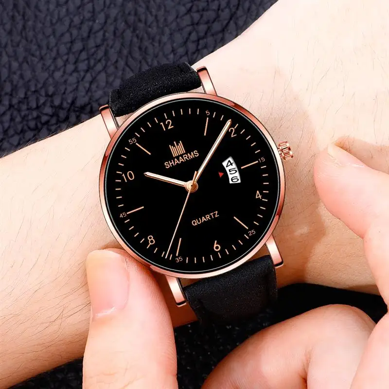 2019 мужские черные часы с кожаным ремешком из нержавеющей стали кварцевые