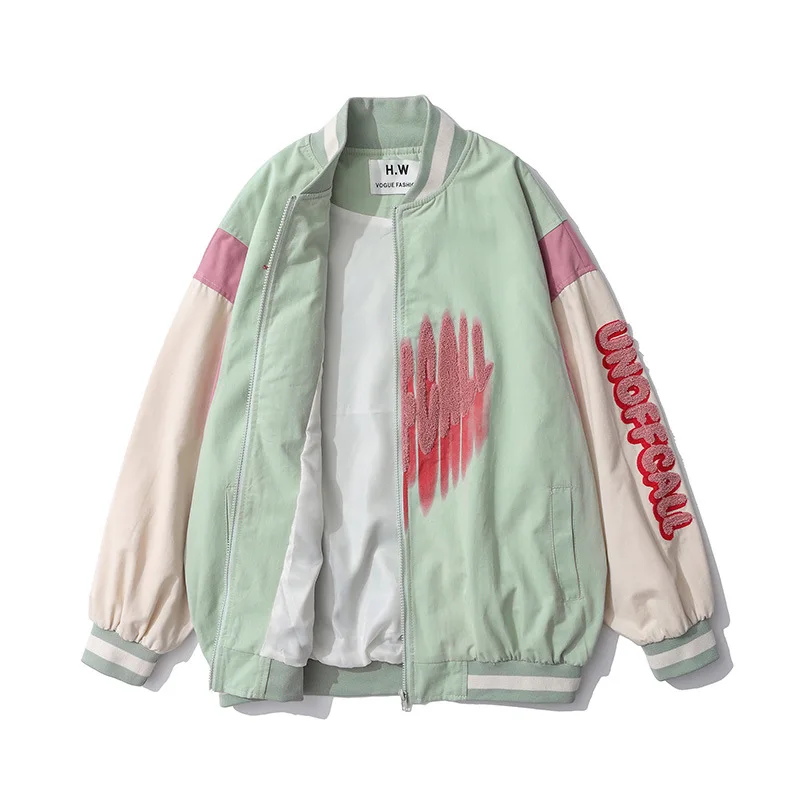 

SEVEYFAN Men's Vintage Love Pattern Patchwork Jackets Towel Embroidery Oversize Baseball Coat Hip Hop Coat for Male