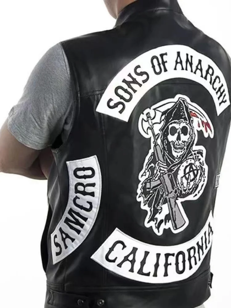 

Sons Of Anarchy Embroidery Leather Rock Punk Vest Cosplay Costume Black Color Motorcycle Sleeveless Jacket