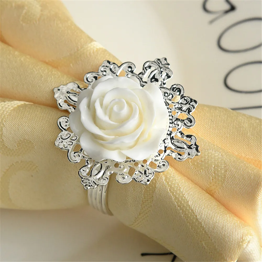 

10/PCS New Products Valentine's Day Wedding Hotel Table Decoration Napkin Ring Metal White Rose Napkin Ring Towel Ring