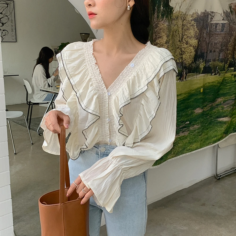 

Comelsexy 2021 Cute Apricot Color-Hit Loose Tops Femme Casual Vintage Elegance Sweet Ruffles Spring Hot Girls Shirts Clothe