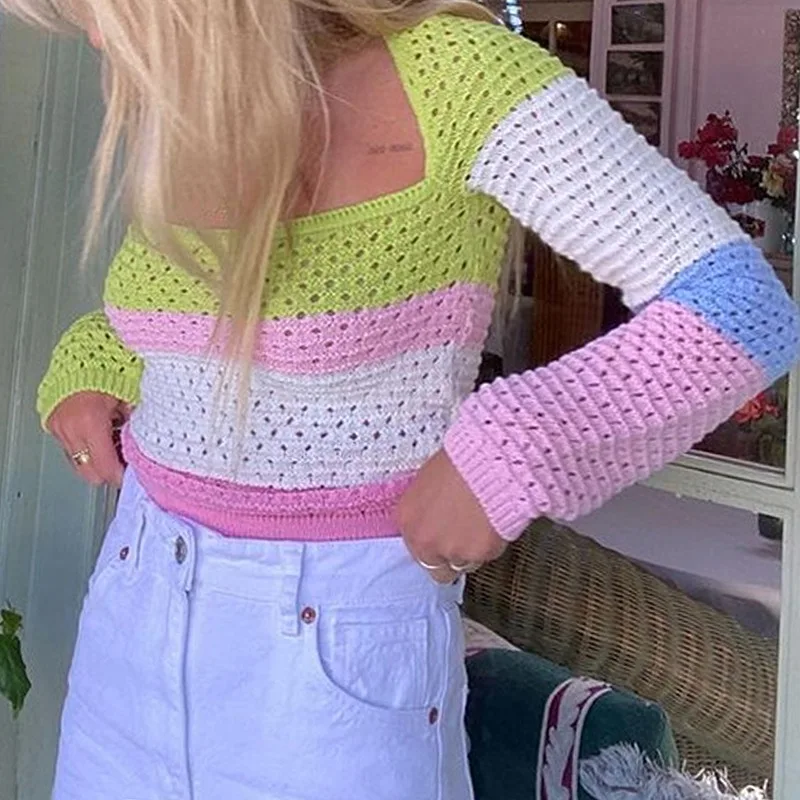 

Patchwork Knitted Sweater Women Long Sleeve Crop Top Y2K Hollow Out Sweaters Fashion Vintage Pullovers Casual 90s Sexy T Shirts