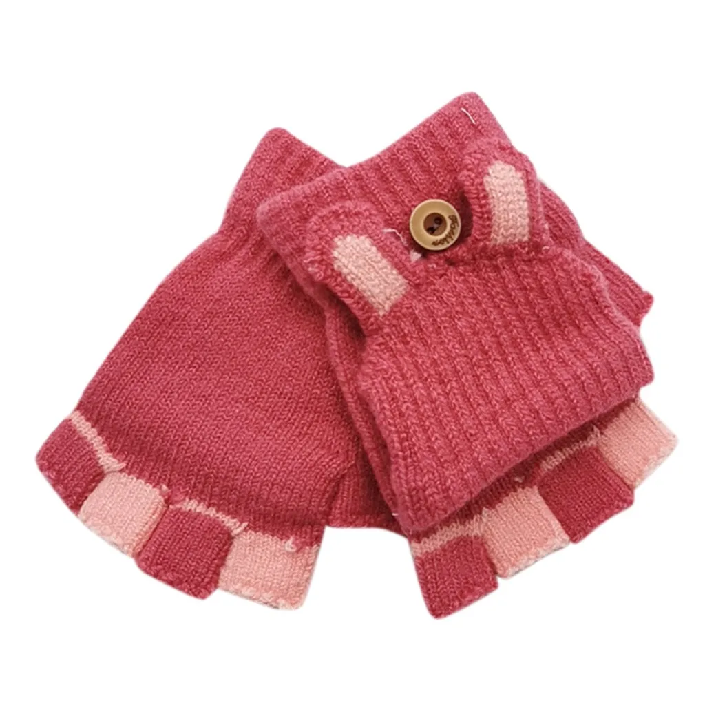 Детские зимние перчатки теплые вязаные складывающиеся с кроликом варежки без