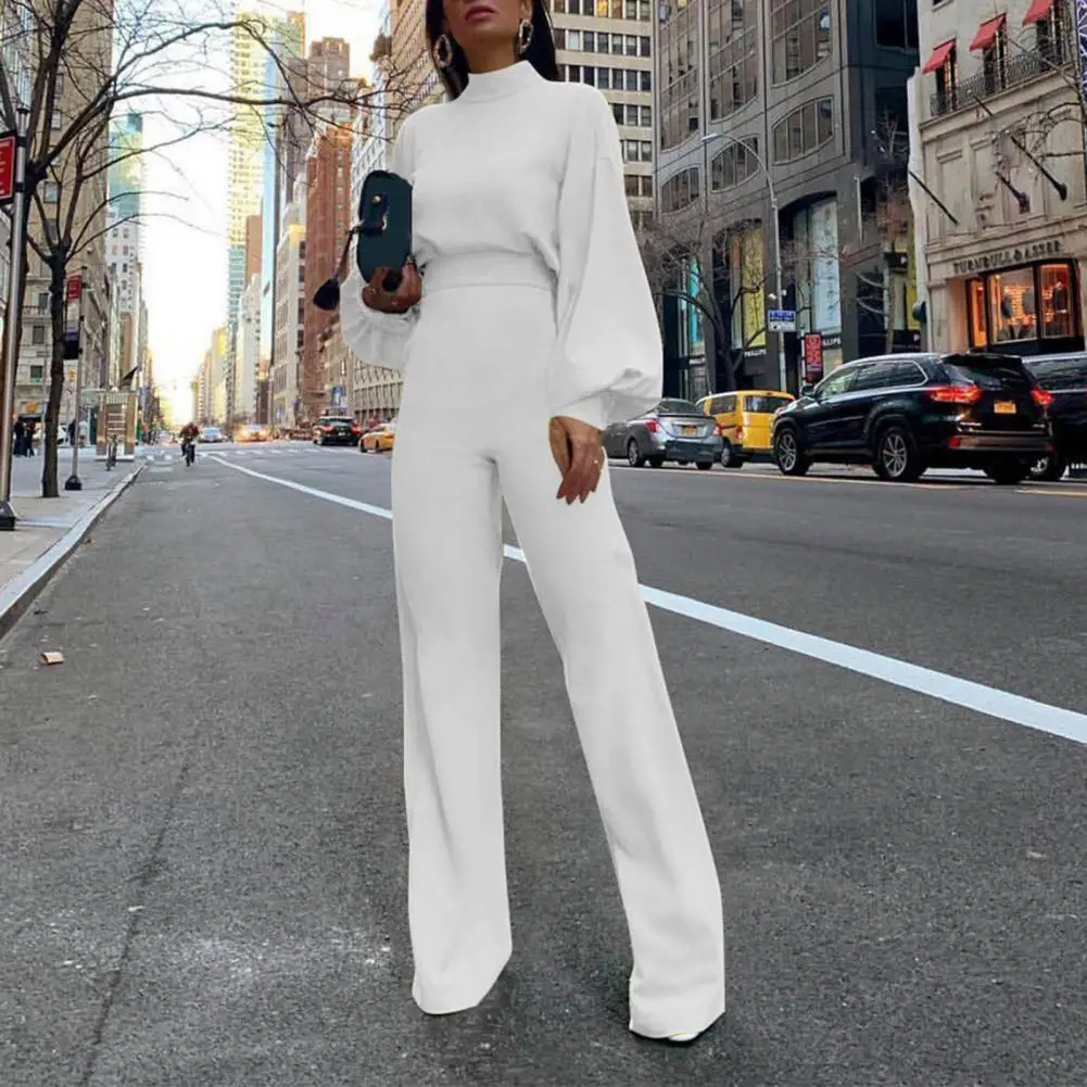 

Lady Jumpsuit Long Sleeve Stylish Office Turtleneck Lantern Sleeve Solid Color Backless Straight Leg Jumpsuit Autumn