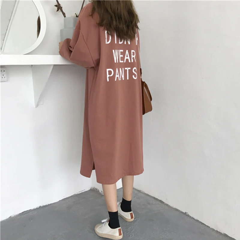 Женское платье футболка с круглым вырезом длинным рукавом и надписью|Женские