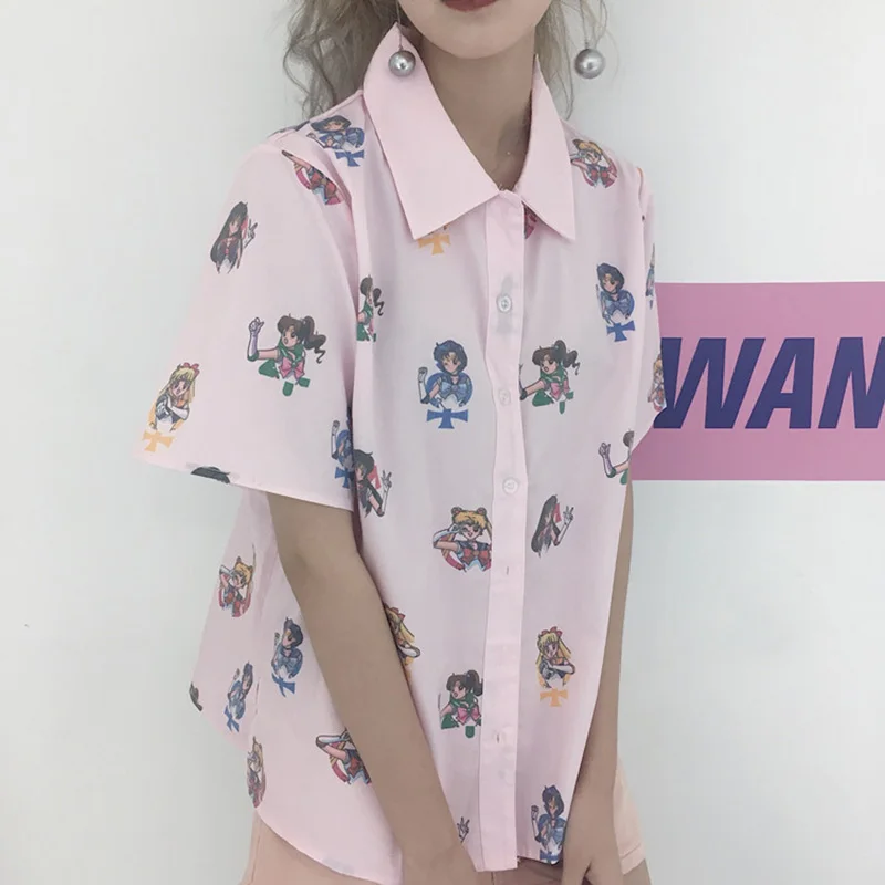 

Anime Sailor Moon Pink Short Sleeve Shirts Harajuku Cartoon Summer Women Teenage Cute Kawaii Top Blous Girls Camisa