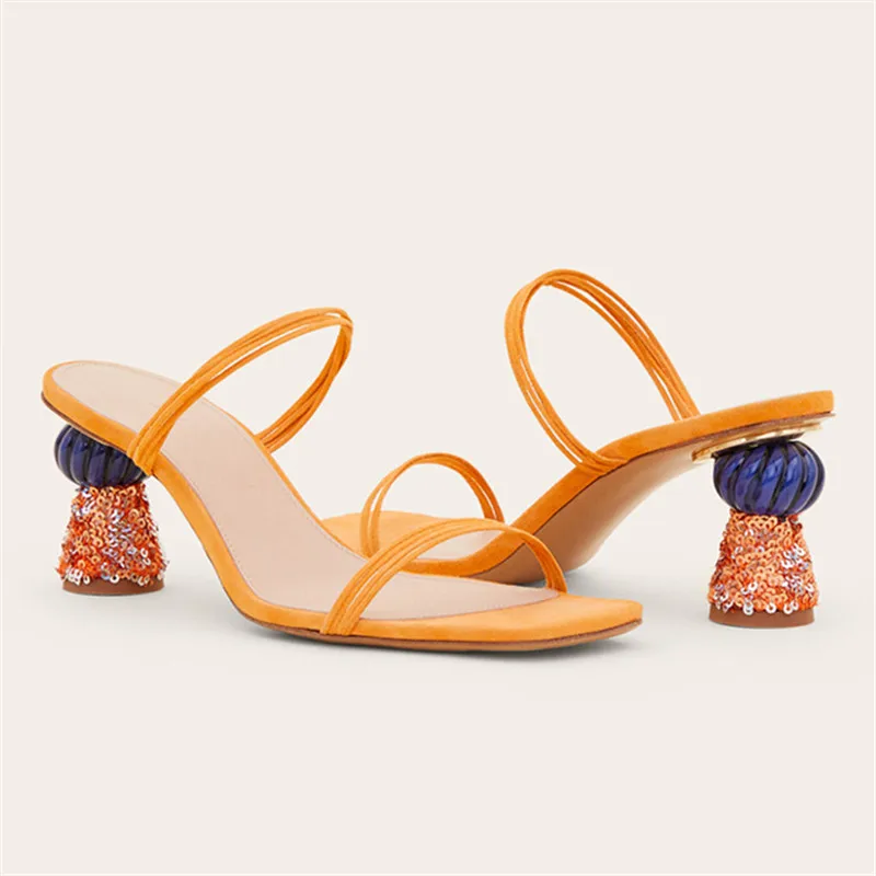 

Шлепанцы женские с блестками и странным каблуком, сандалии-гладиаторы на высоком каблуке 7 см, на ремешке, летние тапочки, сланцы, туфли-лодо...