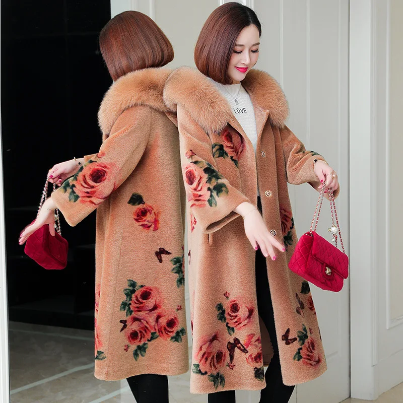 

High Quality Sheep Sheared Female Fur Coat Long Printed Fox Fur Collar Hooded Lamb Wool Particles In One Overcoat